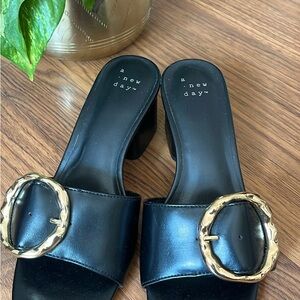 A New Day Black Mules with Gold Accent